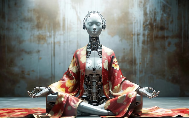 女性サイボーグロボット僧侶の低角度撮影