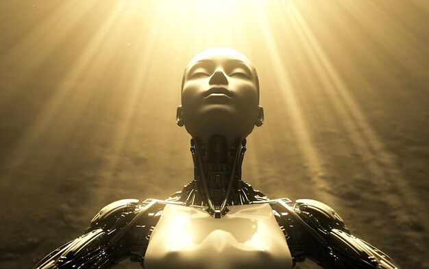 Photo low angle shot of a female cyborg robot monk