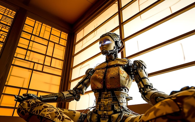 Photo low angle shot of a female cyborg robot monk