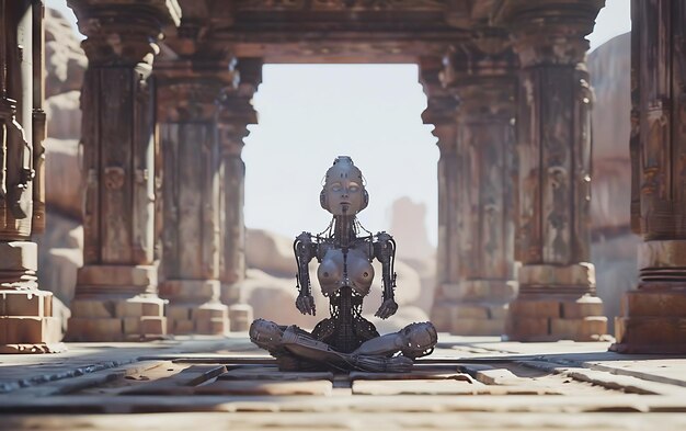 low angle shot of a female cyborg robot monk