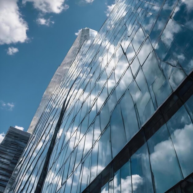 Low angle shot of a glass highrise business building with a reflection of clouds and the sky on it