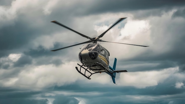 Low angle shot of a helicopter in the cloudy sky
