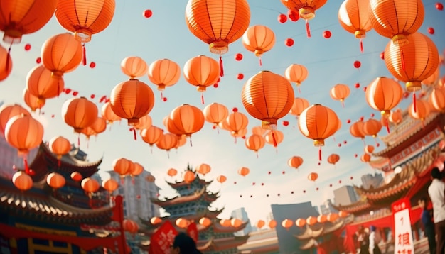 Photo low angle shot lanterns in traditional chinese festival red color palette