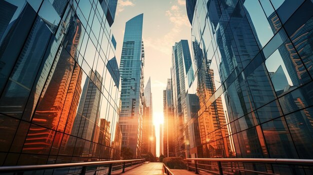 Low angle shot of modern glass city buildings and skyscrapers generated by AI