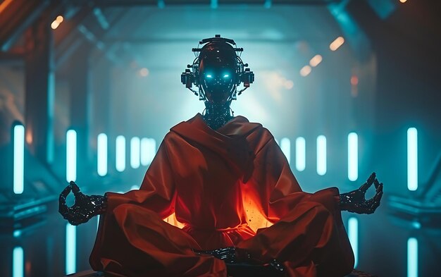 写真 女性サイボーグロボット僧侶の低角度撮影