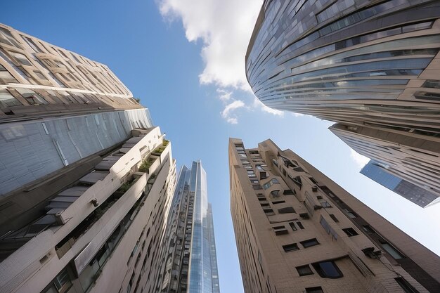 写真 フランクフルトの晴れた空の下の高層ビルを低角度で撮影した画像