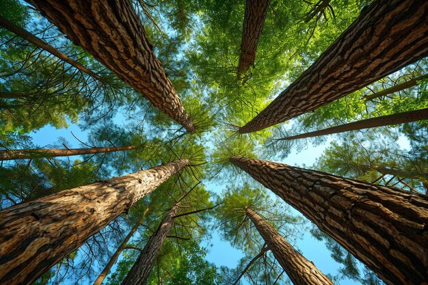 写真 明るい空の下の森の高い木の低角度撮影