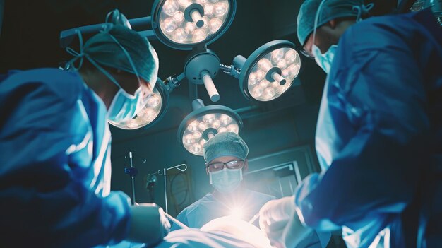 Photo low angle shot in the operating room assistant hands out instruments to surgeons during operation surgeons perform operation professional medical doctors performing surgery