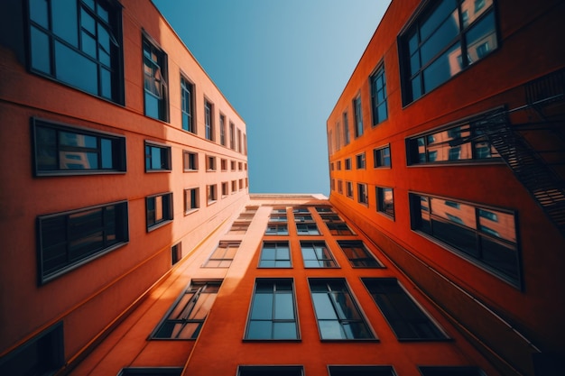 Low angle shot of a unique high rise orange building touching the blue sky Generative AI AIG21