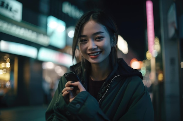 Низкоугольный снимок молодой афроамериканки в модной одежде с помощью мобильного телефона на фоне городской улицы ночью Генеративный AI AIG18