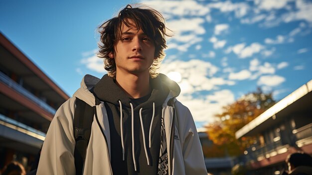 Low angle shot of young guy standing in the urban block