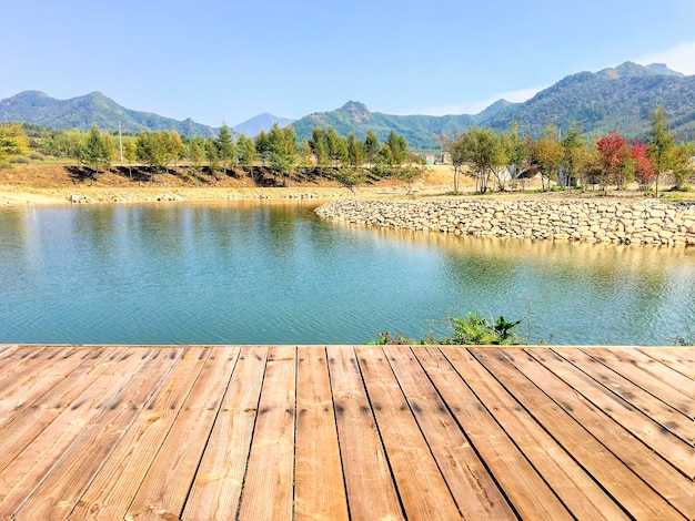 湖畔と田園地帯の木の板のローアングルショット