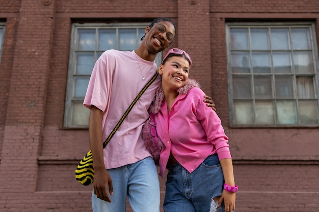 Low angle teens wearing y2k  fashion