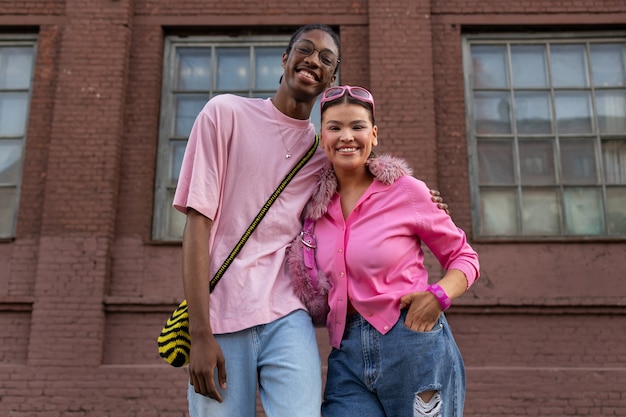 Low angle teens wearing y2k  fashion