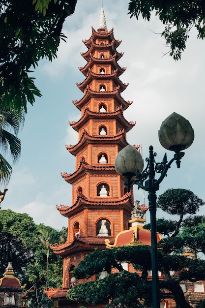 Low angle vertical shot of a beautiful Tran Quoc Pagoda in Vietnam