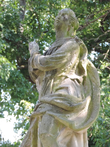 Foto vista ad angolo basso di una statua abbandonata nel parco