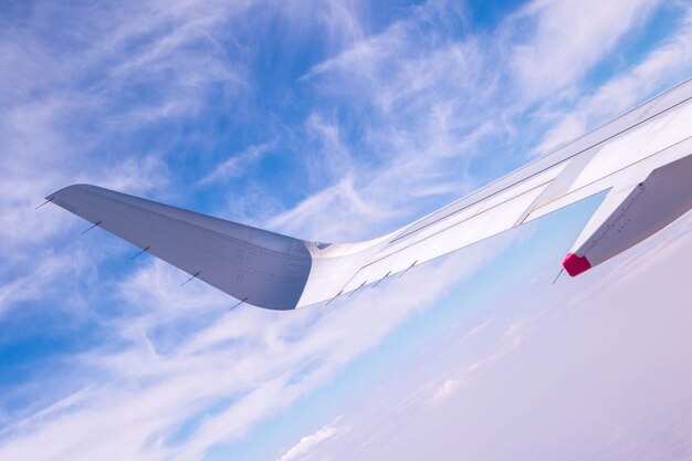 空を飛ぶ飛行機の低角度の景色