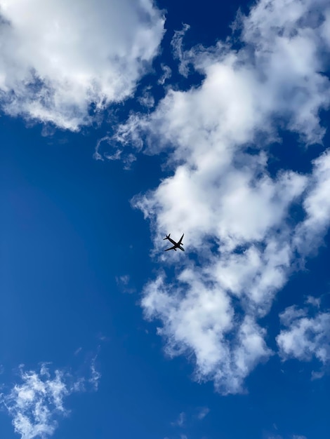 Foto vista a basso angolo di un aereo che vola nel cielo