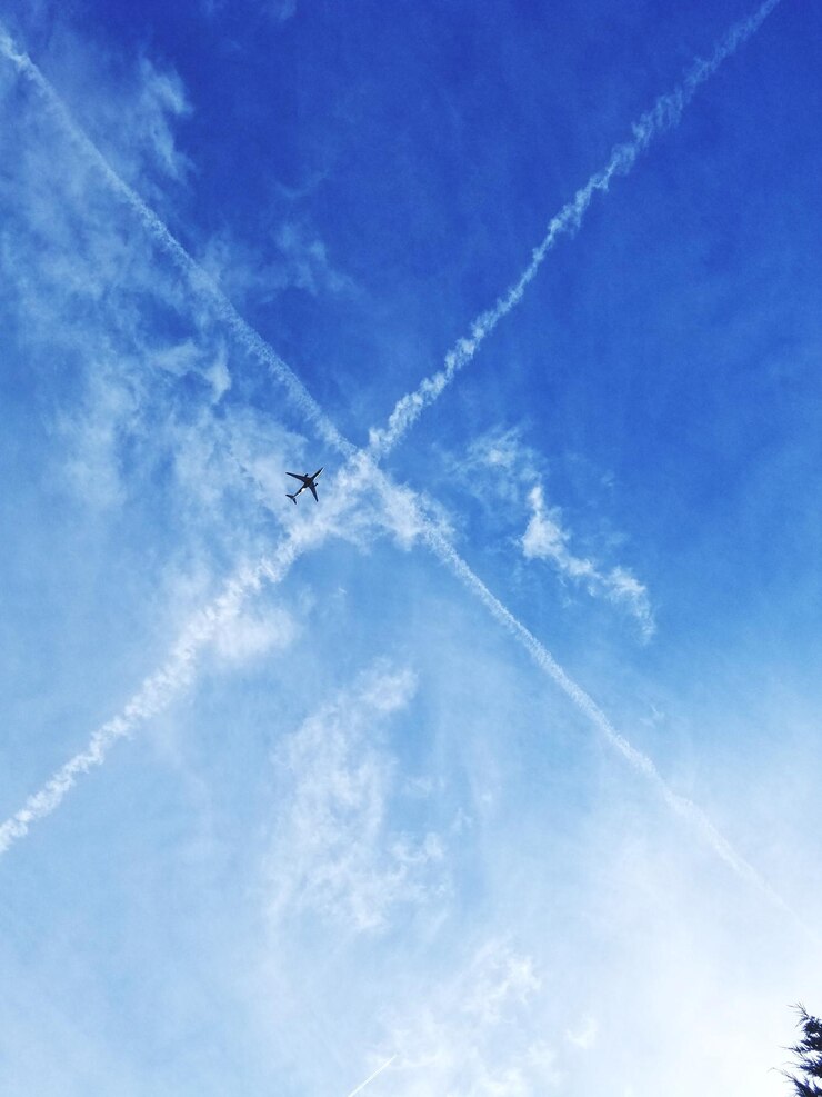 Photo 空を飛ぶ飛行機の低角度の景色