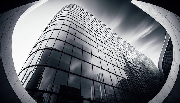 Low angle view of architecture skyscraper building glass and steel structure with Generative Ai