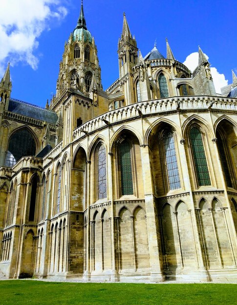 Low angle view of bayuex cathedral against sky