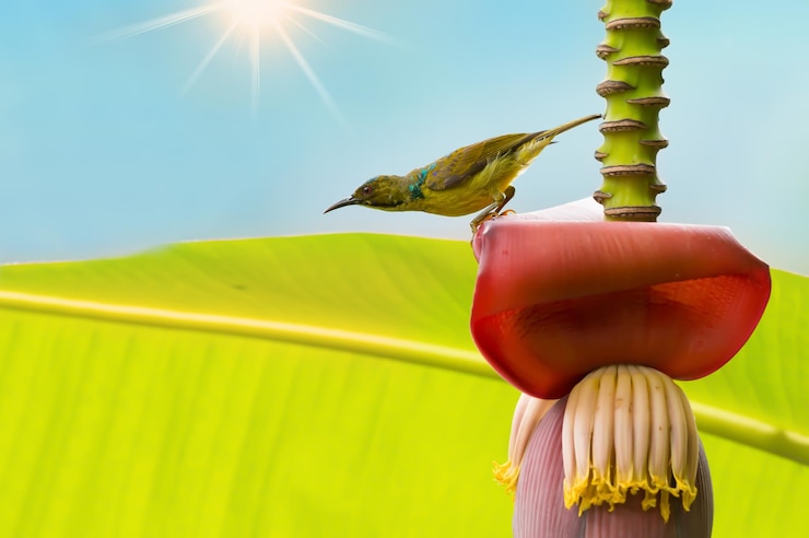फोटो low angle view of bird on flower against sky