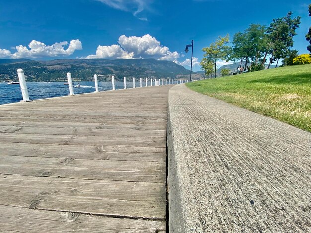 Low angle view of the boardwalk with grass on the side