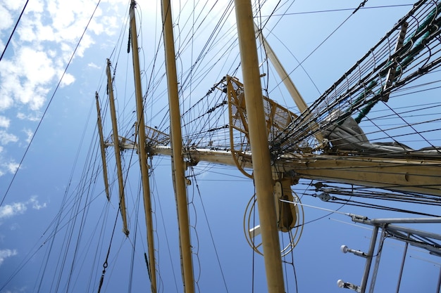 Low angle view of boat mast against sky