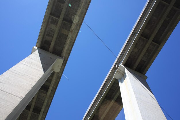 Низкоугольный вид моста и зданий на чистом голубом небе