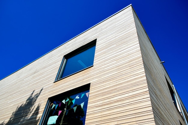 low angle view of building against blue sky