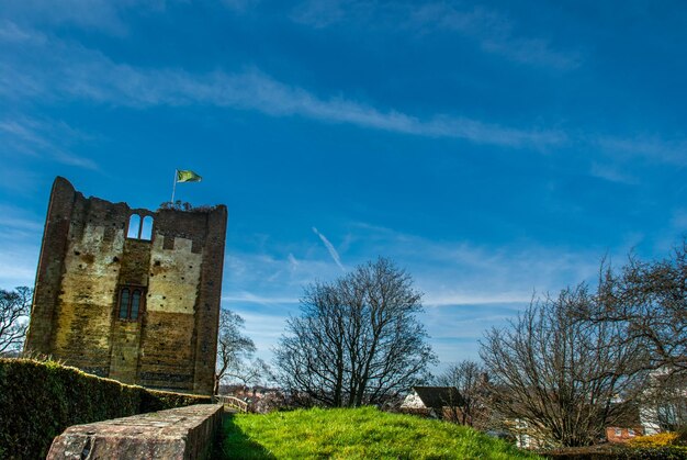 Low angle view of building against blue sky