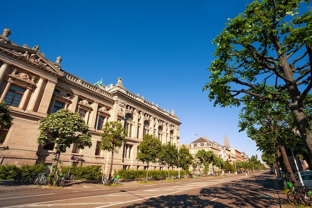 Low angle view of building against clear blue sky