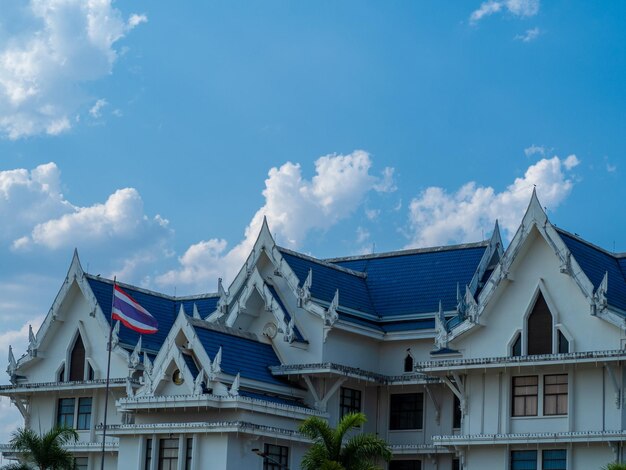 Low angle view of buildings against blue sky