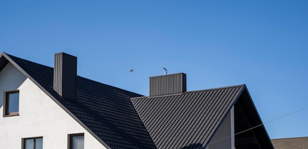 明るい青い空を背景にした建物の低角度の景色