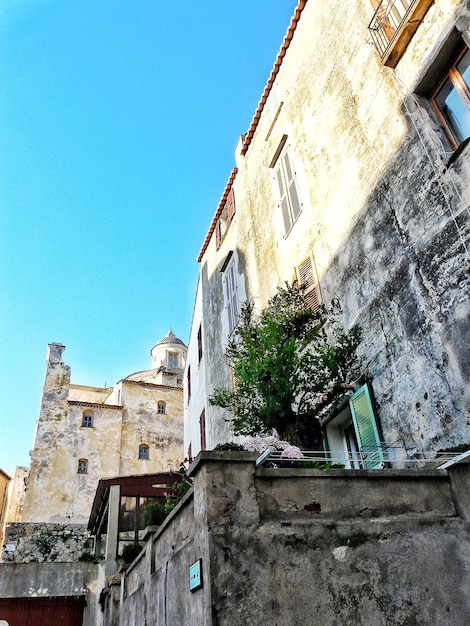 明るい空を背景にした建物の低角度の景色