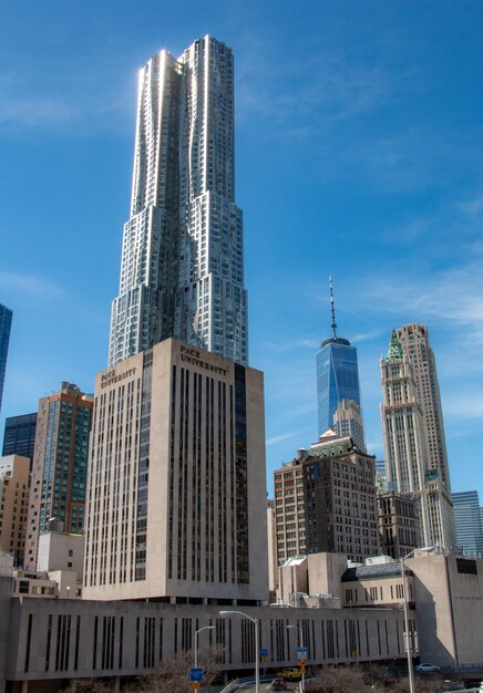 Low angle view of buildings in city against sky