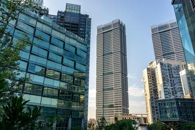 Low angle view of business buildings in Shanghai, China