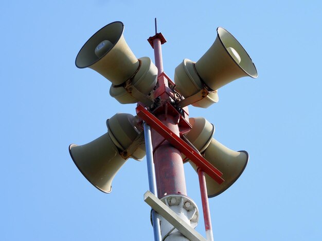 Low angle view of camera against clear blue sky