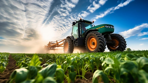 Низкоугольный вид, демонстрирующий скорость и эффективность трактора, распыляющего пестициды на соевом поле.