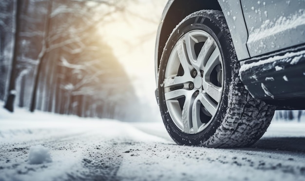 Низкоугольный вид автомобильной шины на зимней дороге, покрытой льдом и снегом