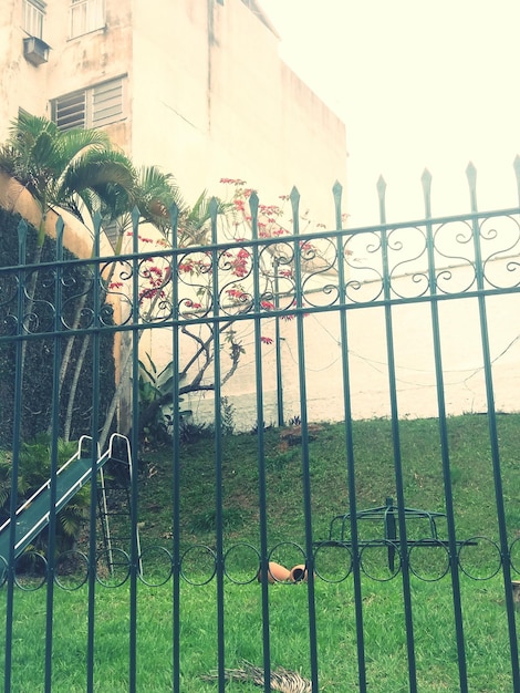 Low angle view of chainlink fence against building