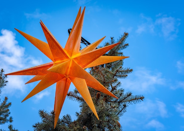 Low angle view of christmas tree against blue sky