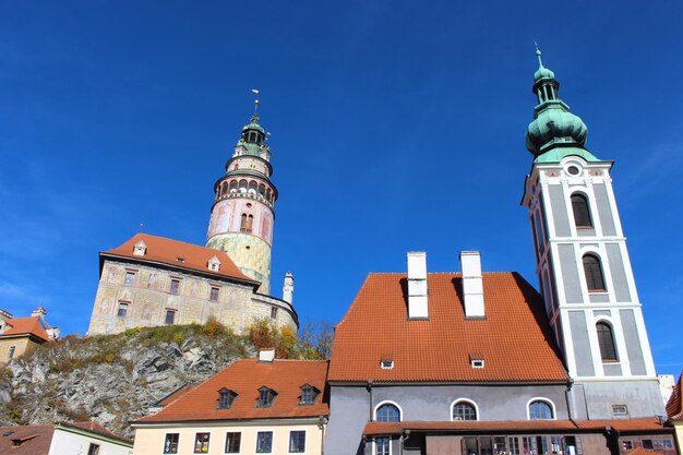 Low angle view of church against clear blue sky