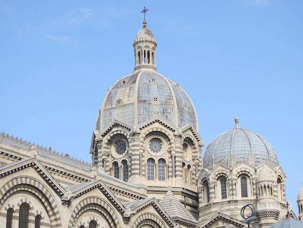 Low angle view of church against clear blue sky