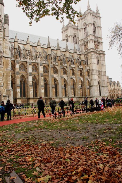 Low angle view of church in city during autumn