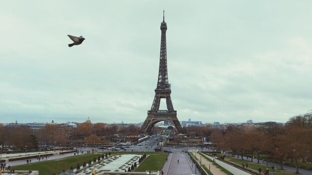 Foto vista a basso angolo della strada della città e della torre eiffel