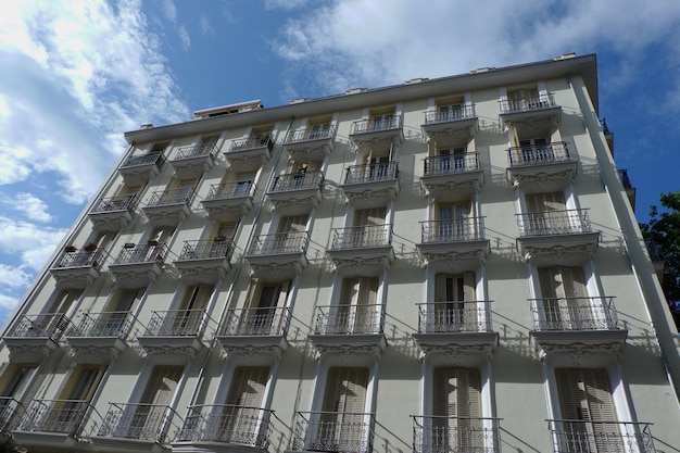 Low angle view at classy residential building downtown Madrid Spain