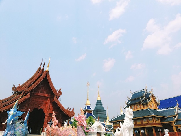 天空を背景に色とりどりの寺院の建物を低角度で眺める