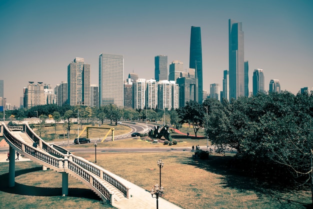 A low angle view of commercial building in Guangzhou, China,