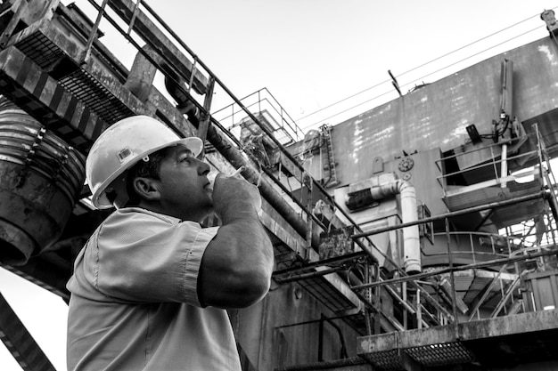 공장을 바라보면서 담배를 피우는 건설 노동자의 낮은 각도 시각